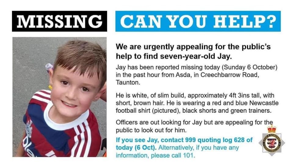 "Urgent: A boy has gone missing near Asda in Taunton. Authorities and locals are searching. If seen, please contact the police immediately."