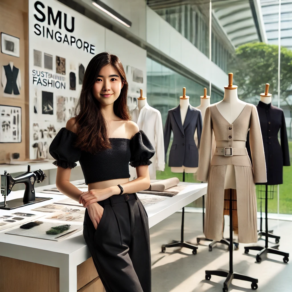 Emily Chan presenting her sustainable fashion designs in a modern studio at SMU Singapore, showcasing her innovation and creativity.